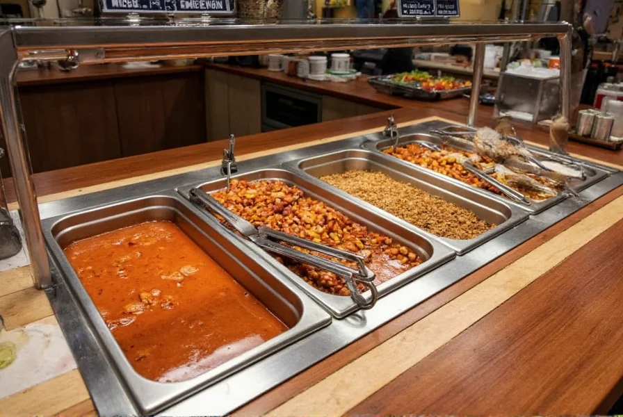 Restaurant chili bar with multiple chili options and fresh toppings displayed in stainless steel containers
