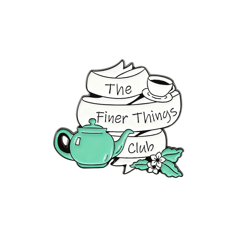 

Coffee Cup Pot Enamel Pin The Finer Things Club Text Pattern Brooch Jackets Bag Lapel Pin Badge Fashion Jewelry Gift for Friend, Picture shows