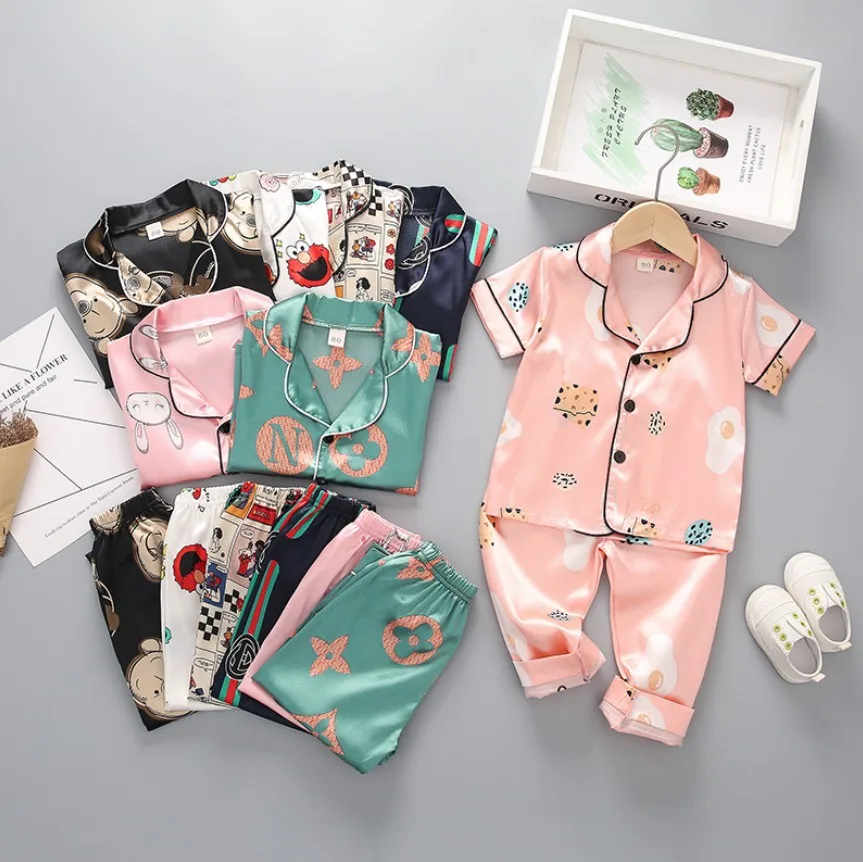 

In stock Low price Satin Silk Night Wear Summer Cute long Pants kids pajamas Set, As picture shows