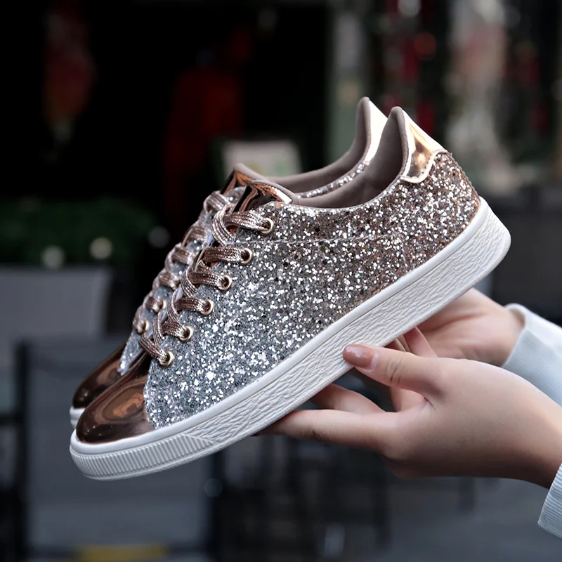 

Fashion sneakers 2021 womens Flat Shoes Casual Outdoor Walking Shoes Woman Lace-up Gold Glitter Ladies Shoes Zapatos Mujer