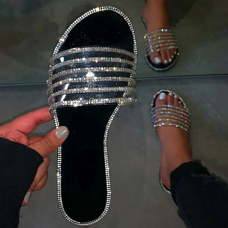 

2021 Transparent Slippers Fashion Crystal Slippers Women Platform Summer Sandals Outdoor Rhinestones Flat Ladies Shoes, As pictures