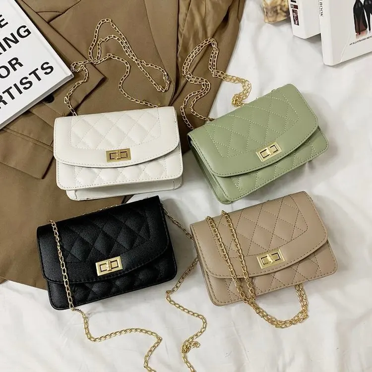 

Wholesale Hot Sell Latest Fashion Women Hand bags PU Simple Diamond Chain Crossbody Small Square Bag, 4 colors