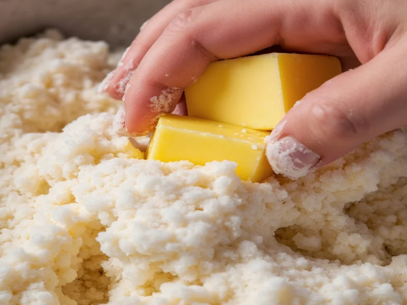 Hand pressing butter cubes into sugar mixture for cookie dough