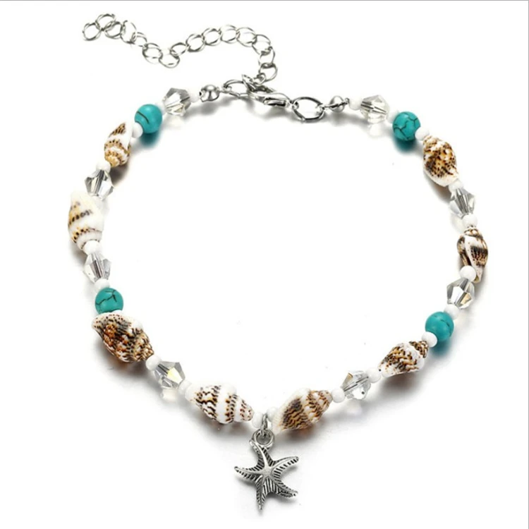 

Retro turquoise conch anklet alloy pendant small starfish handmade foot chain crystal rice bead beach anklet, As the picture show