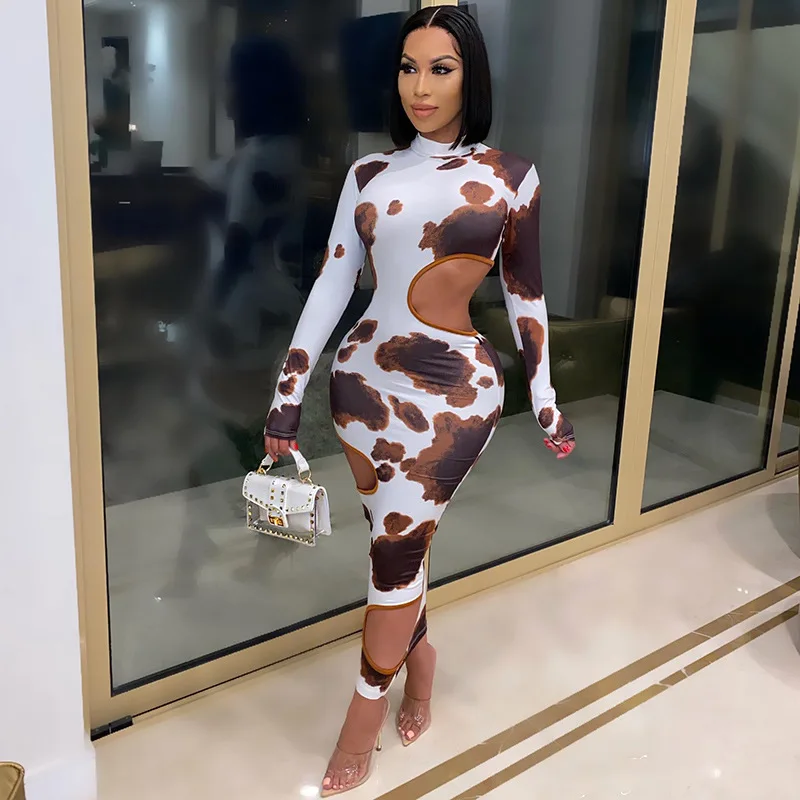 

HJ ZDR03 20%Off Wholesale 2021 New Arrivals Hollow Out Holes Long Sleeve Casual Print Maxi Bodycon Dress Summer Women