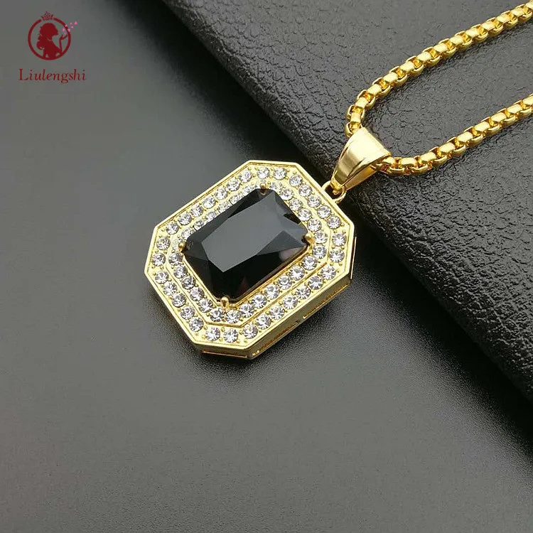 

Hot Sale Hips Hops Black Crystal Necklace Stainless Steel Square CZ Cubic Zircon Gem Pendant Necklace