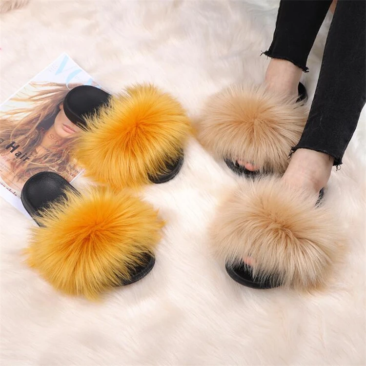 

Fashion Summer Brown Designer Sandals Real Fluffy Slippers Women 2021 Luxury Lady Indoor Home Furry Shoes Faux Fur Slides, As pictures or customized colors