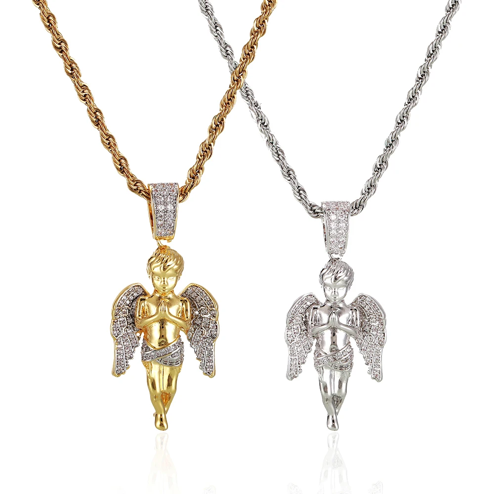

Fashion Women Men 18k real Gold Jewelry Copper Full Diamond Iced Angle Wings Original Pendant, Gold/silver