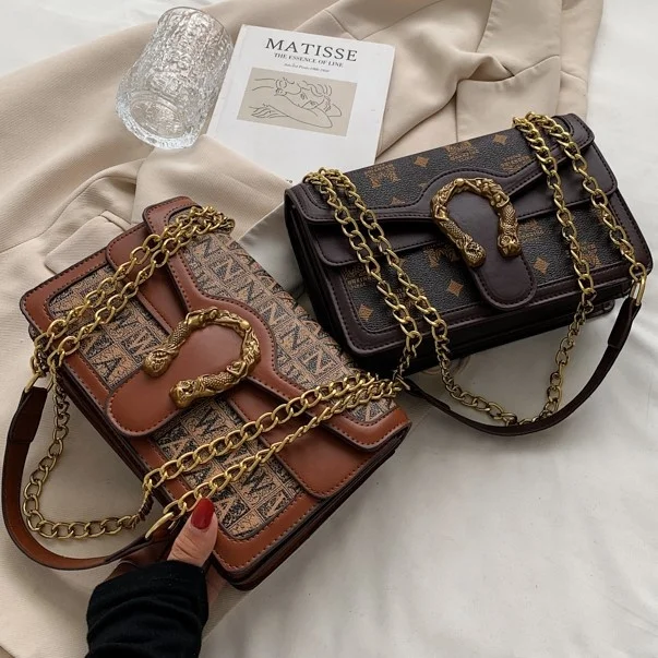 

High quality retro letter printing chain small square bag single shoulder lady brand messenger bag factory wholesale, Brown, coffee