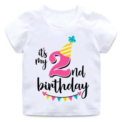 

Children's clothing children's T-shirt birthday digital print short sleeve kids girls top fancy tops for girls, White