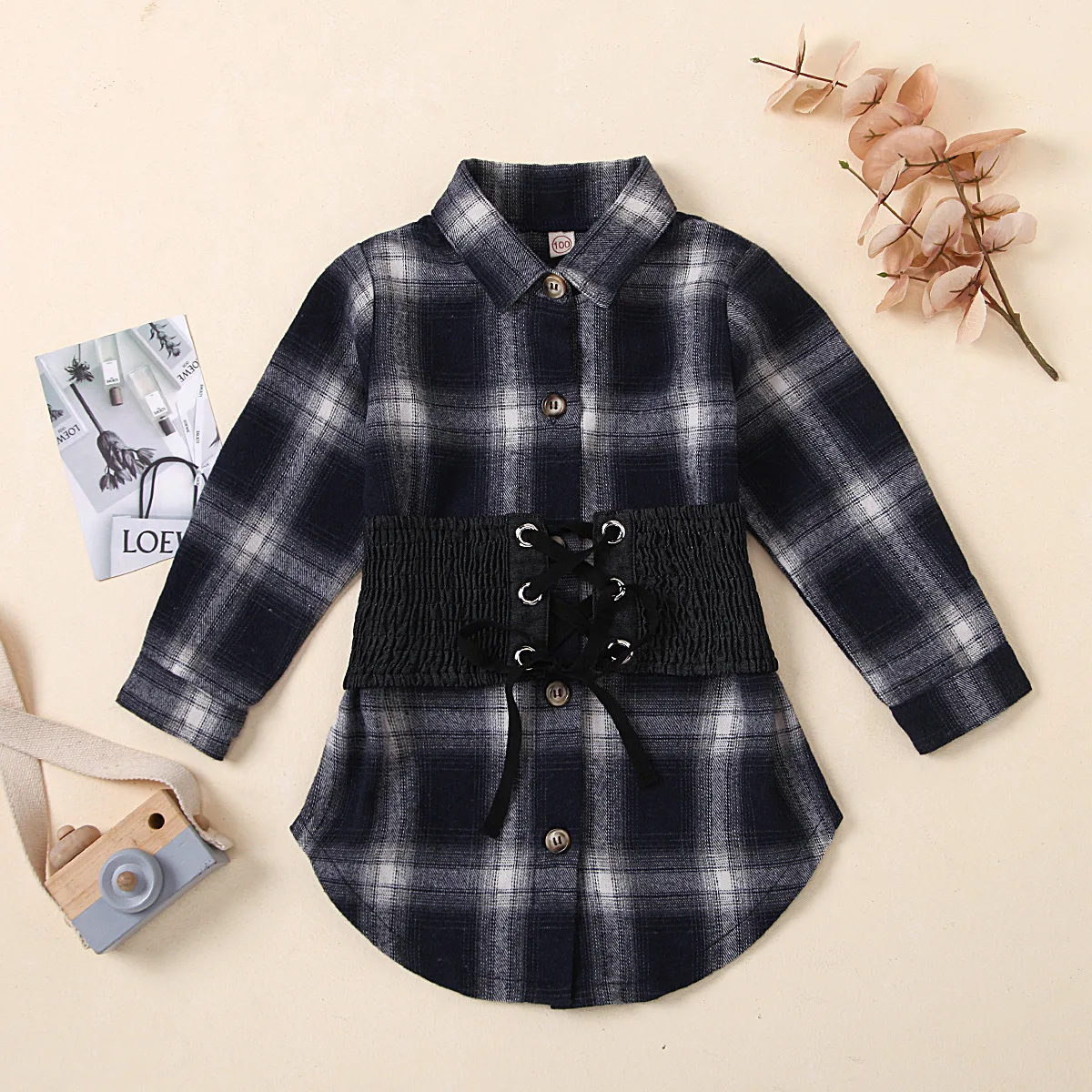 

Fashion Spring Autumn Girls Single Breasted Long Sleeve Plaid Shirt + Denim Lashing Belt Set