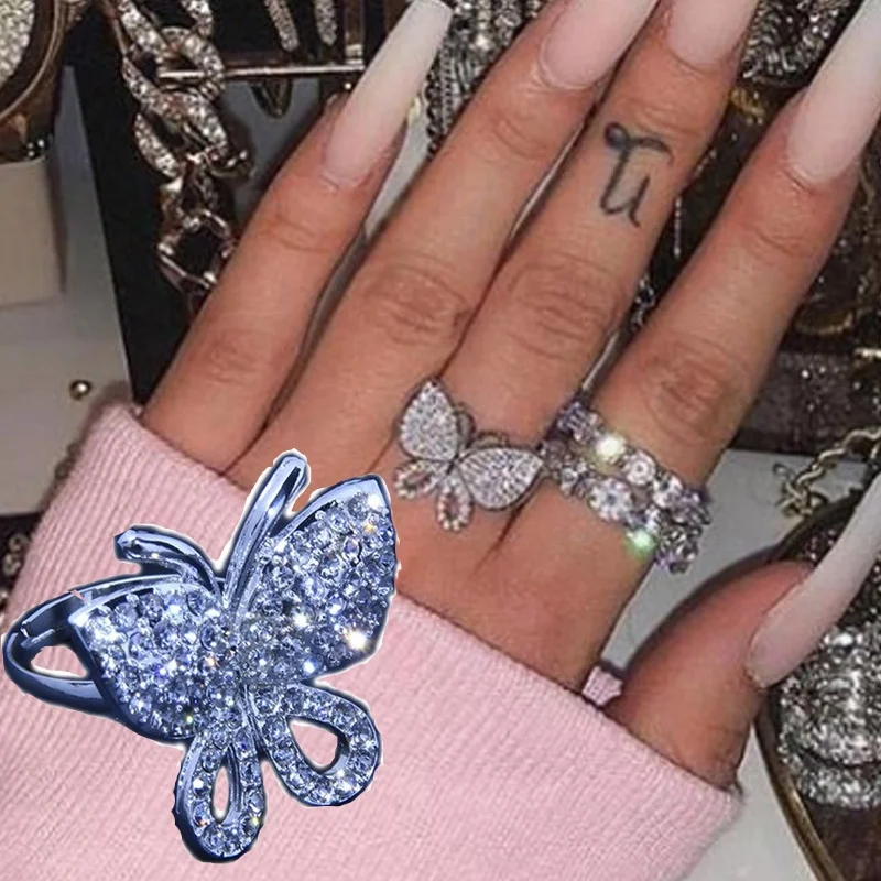 

Open Wedding Rings Diamond Finger Jewelry Women Cute Hip Hop Rhinestone Cubic Zircon Butterfly Ring