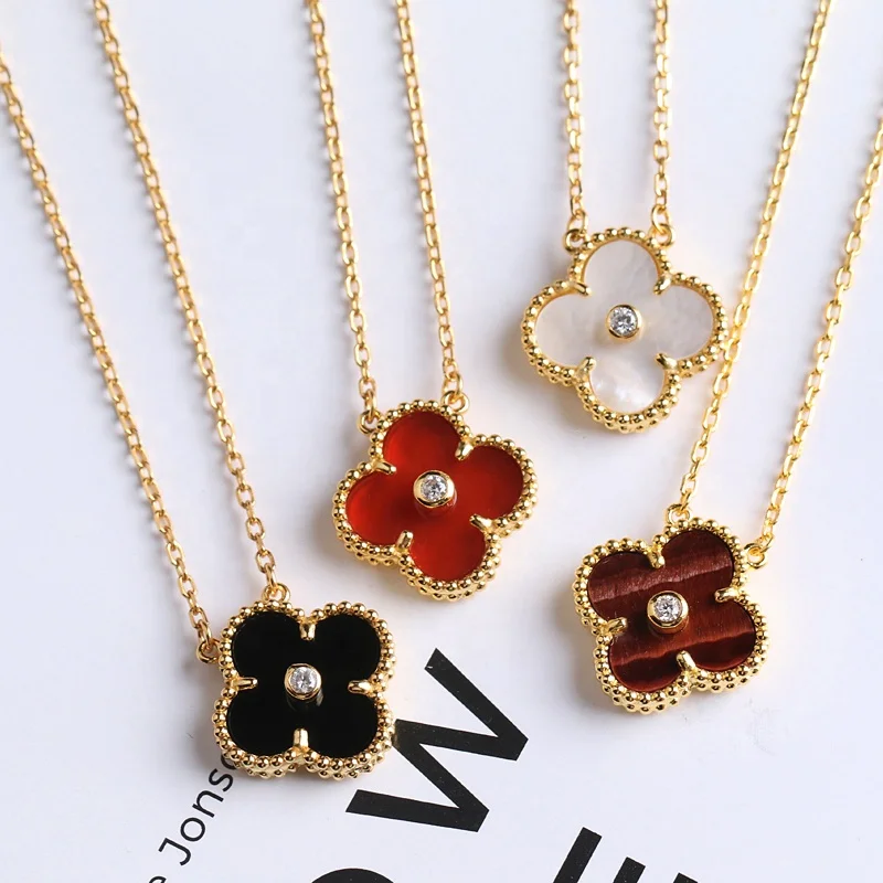 

High quality s 925 Lucky Clover Necklace exquisite pendant original button agate Fritillaria double sided Necklace, Siver