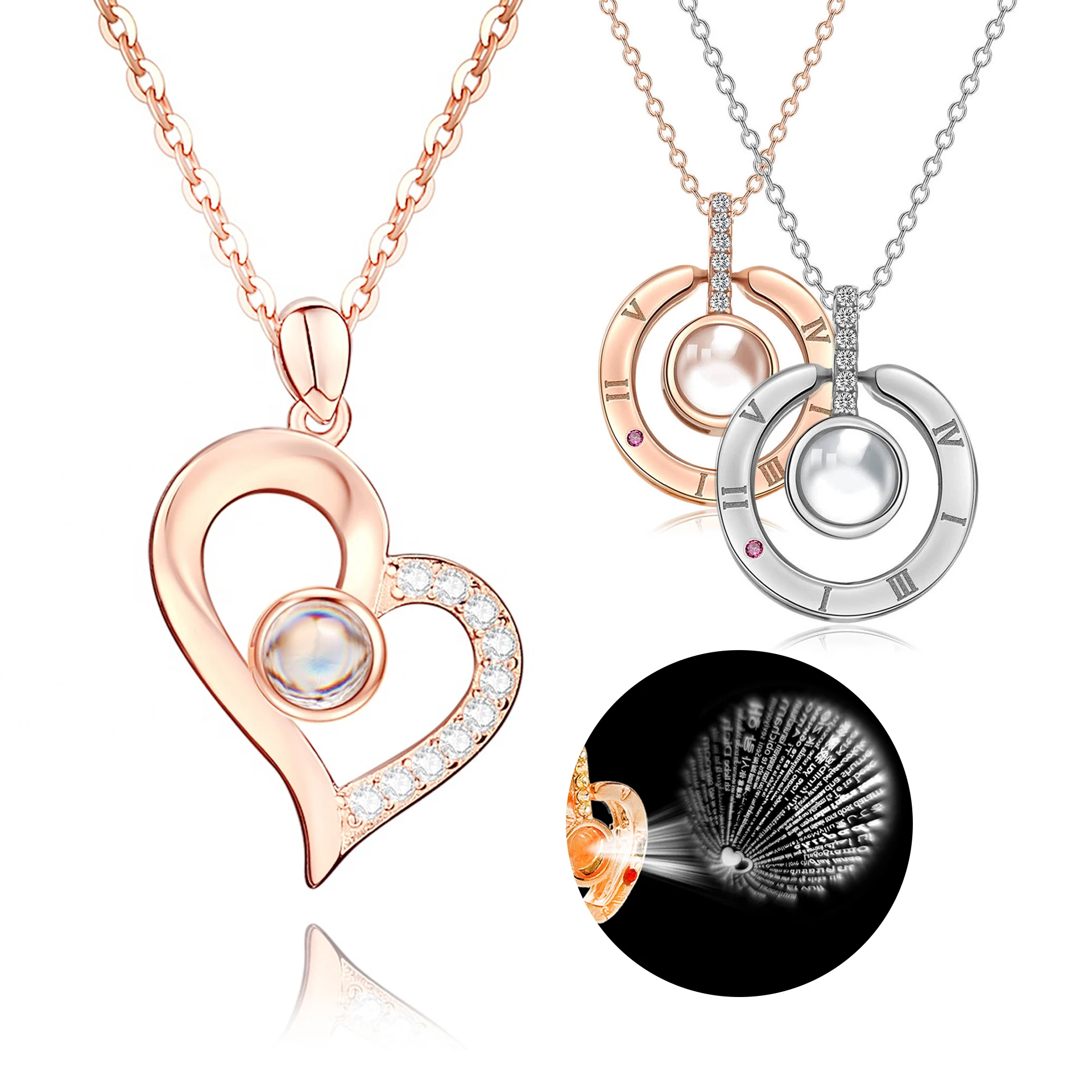 

D1991 Valentines Day Gift 100 Languages I Love You Wedding Projection Necklace Gold Heart I Love You Memory Projection Necklace