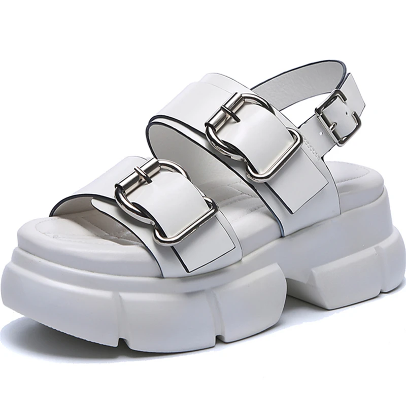 

2021 New Thick Sole Leather Snadals Women Height Increasing 8 cm Platform Chunky Sandals Buckle Summer Shoes Woman