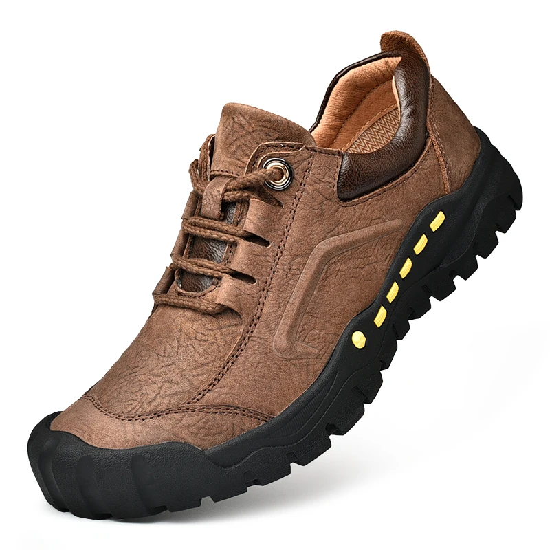 

Wholesale Cowhide Breathable High Quality Men Casual Outdoor hiking shoes working shoes for men, Black khaki dark brown