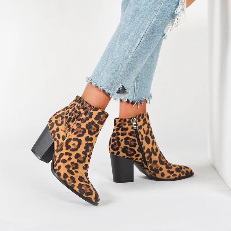 

sh11682a Leopard print ankle boots women 2021 autumn and winter models foreign trade USA market ladies heeled boots
