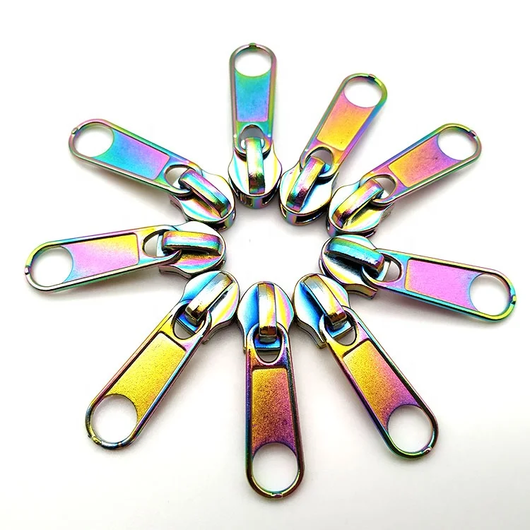 

Low moq stocked fancy  rainbow color long puller nylon zip metal slider