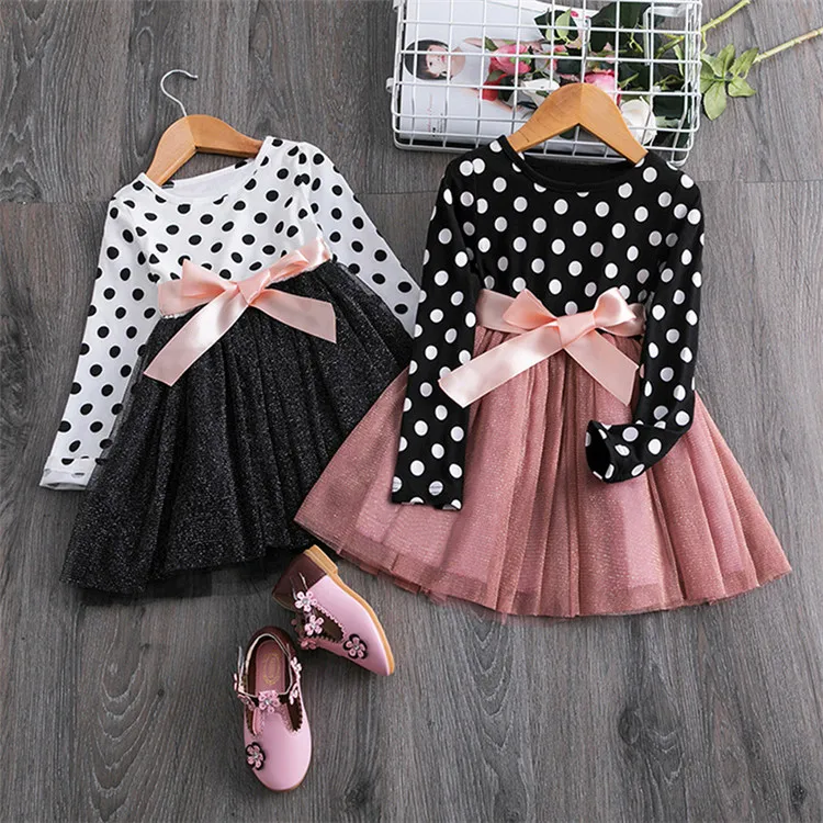 

Baby Dresses Newborn Full Sleeve Dot Top Patchwork Chiffon with Bows Girls Spring Clothing Elegant Princess Kids Dress Tulle, White/red/black/burgundy