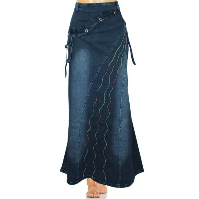 Vintage Women Jeans Long Skirt Gothic Fashion Women Casual Denim Skirt Back Slit  Elastic Pull on Slim Pleated Skirt