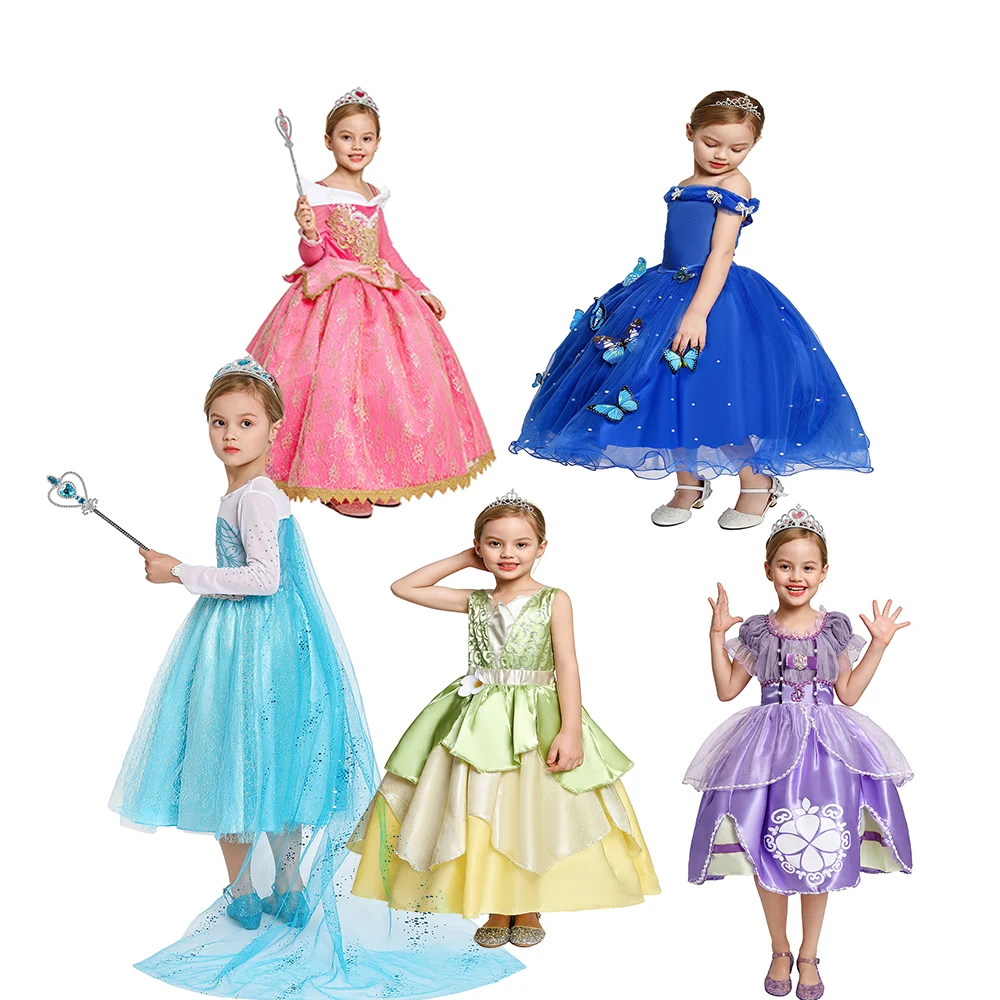 

New Kids Girls Fancy Elsa Anna Snow white belle Cinderella Princess Costume Deluxe Dress Up Cosplay Birthday Party For Girls, As picture show