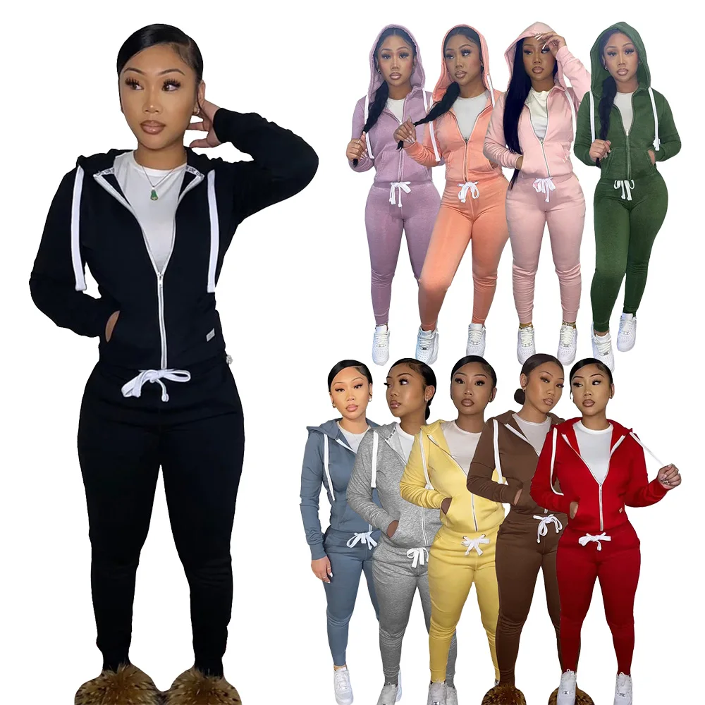 

GHR8198 2021 Fall Winter Thick Tracksuit With Fleece Sportswear Hoodie And Joggers Pants Set For Women Fashion Jogging Suit