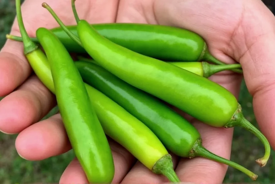 Close-up of hand holding perfectly ripe green jalapeño peppers showing ideal size, color, and texture for harvesting