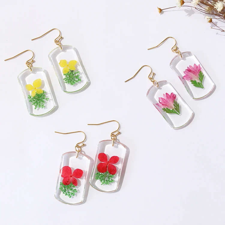 

Fashion Women Stainless Steel Big Earring Charms Jewelry Real Dried Flower Geometry Resin Unique Earrings