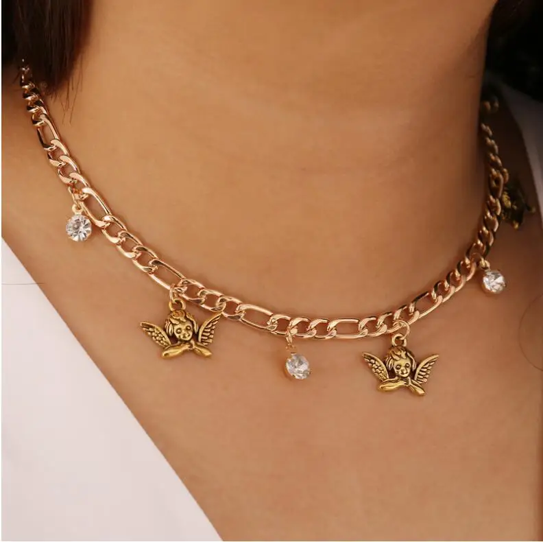 

Stainless Steel Angel Pendant Necklace Choker Simple Gold Diamond Charms Necklace for Girls Chic Clavicle Chain Jewelry Hip Hop, Gold color