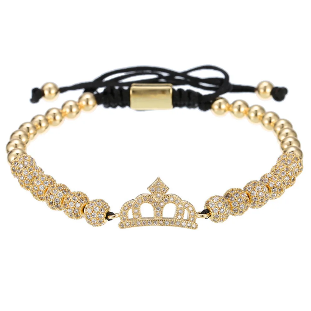 

Hot Selling Luxury Hand Woven Rope Adjustable 18K Gold Plated Copper Bead 6mm CZ Balls Crown Braided Bracelet