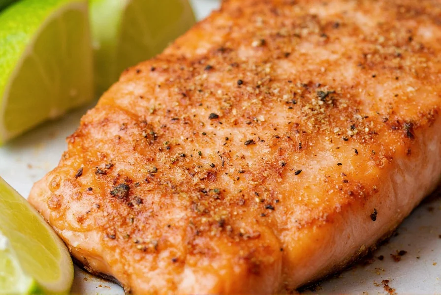 Close-up of lime pepper seasoning sprinkled on grilled salmon with fresh lime wedges