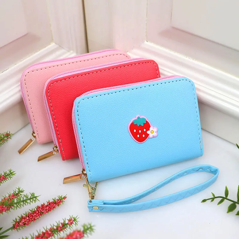 

2021 Cute New Design Cartoon Unicorn Strawberry Blue Cat Pu Leather Children Students Portable Lady's Purse with Strap