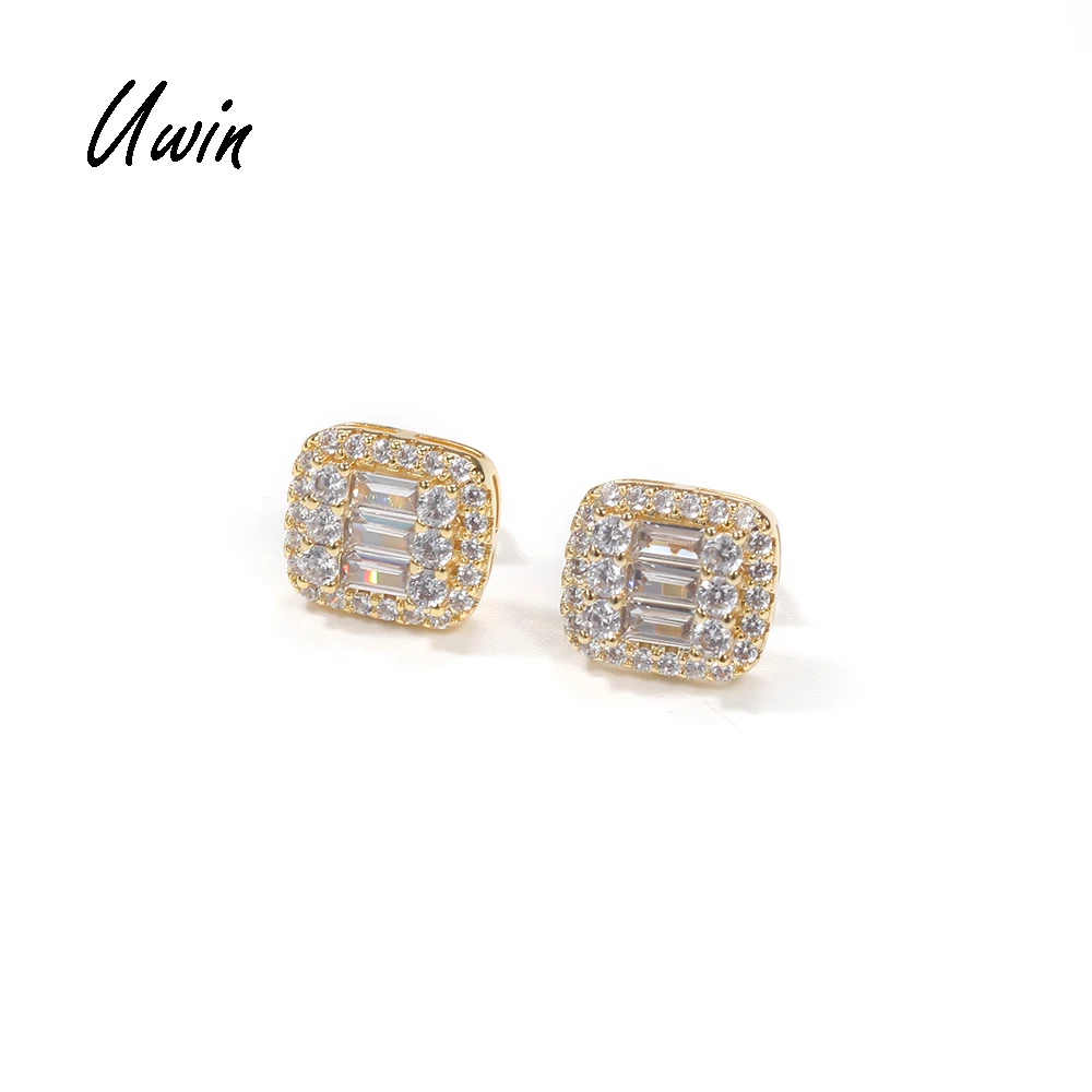 

UWIN Baguette Cut CZ Earrings Screw Stud Earring Jewelry for Men Women Rapper Fashion Hip Hop Jewelry