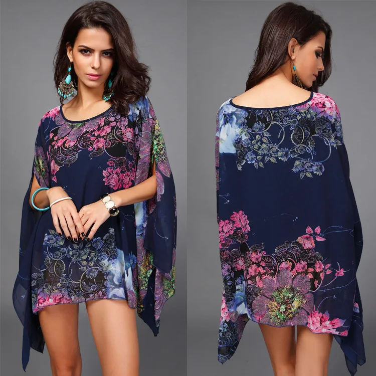 

Boho Batwing Sleeve Chiffon Blouse Women Casual Floral Print Loose Kimono Shirts Beach Tunic Tops Peplum Blusa Robe