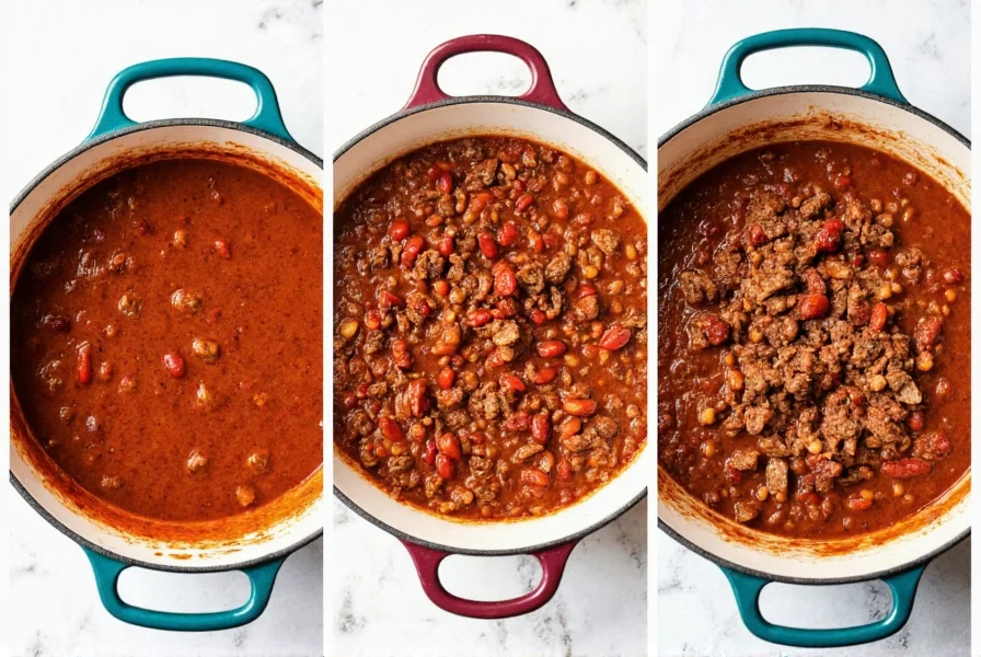 Variations of ground beef chili showing classic version, slow cooker preparation, and Texas-style meat-only option