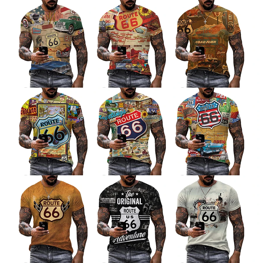 Route 66 3D Printed Shirt for Men Funny Number Printing T Shirts for Men's Custom Unisex All Over Print OEM and ODM T-shirts