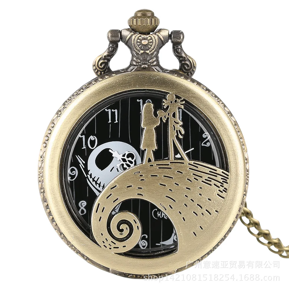 

Tim Burton The Nightmare Before Christmas Quartz Pocket Watch Jack Skellington Pendant Retro Bronze Jewelry Fob Necklace Watches