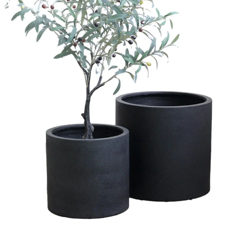 

Large modern cylinder cement outdoor planter pot with drainage hole and saucer for green plant, Black