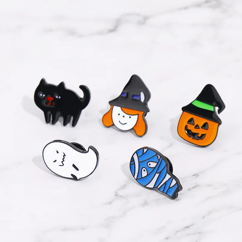 

C&J Halloween Creative Cartoon Fun Mummy Witch Pumpkin Head Cat Enamel Brooch Pins, Picture shows