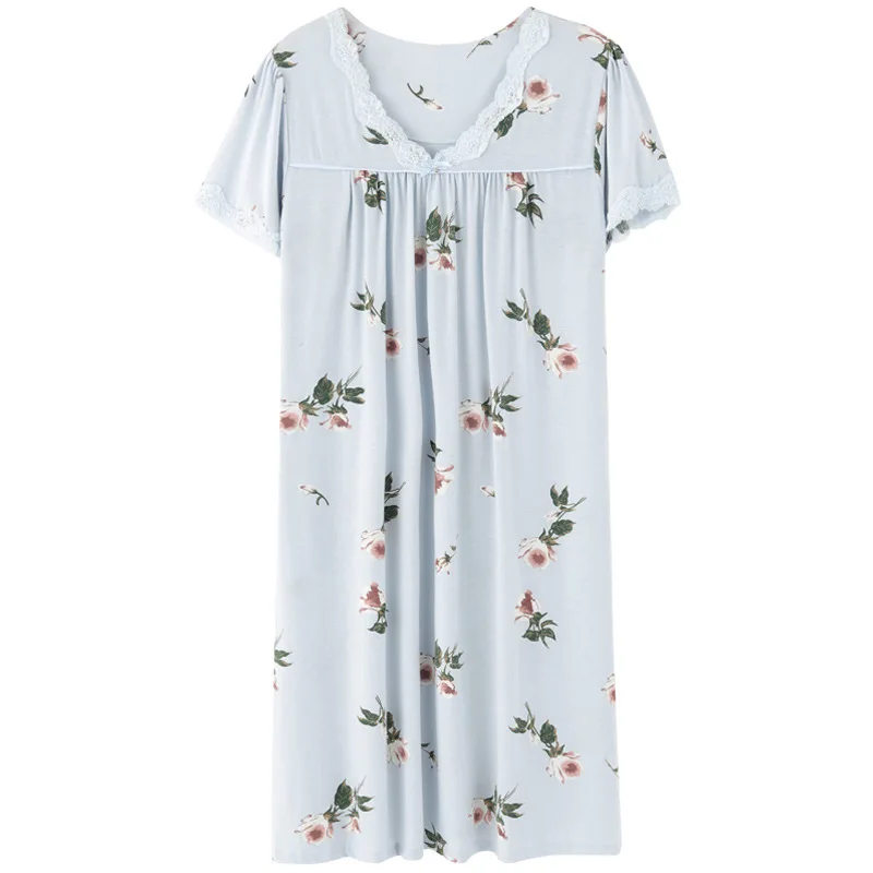 

Sleeping Skirt Lady Summer Thin Short-sleeved Pregnant Cotton Silk Pajama Skirt Middle-aged Mom Home Clothes XQM
