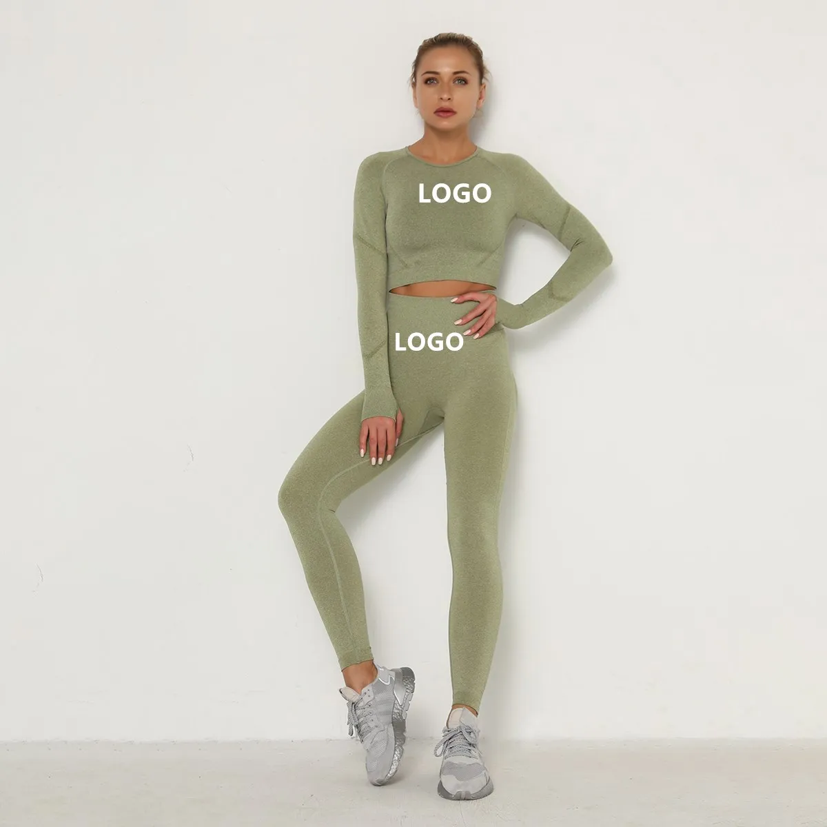 

Seamless Pleated High Waist Tight Out Door Sexy Slimfit Tracksuit Two Piece Long Sleeve Yoga Set, As picture