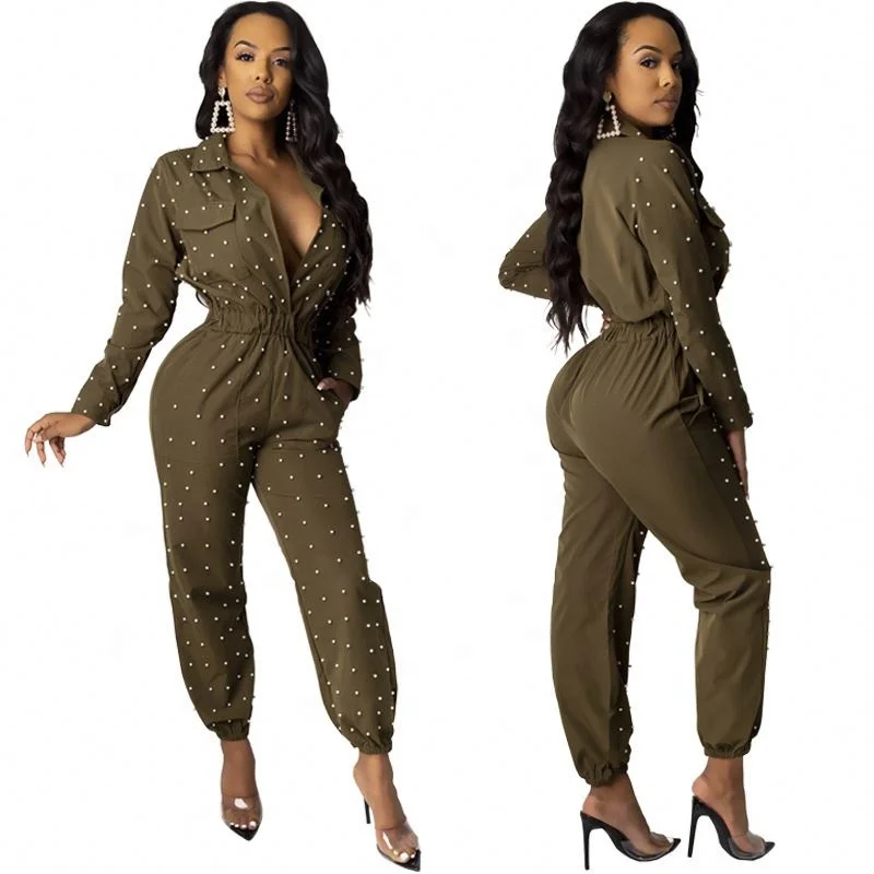 

Cy8196 Women Sexy Jumpsuits Fashion Solid Color V Neck Dark Green For Long Sleeve