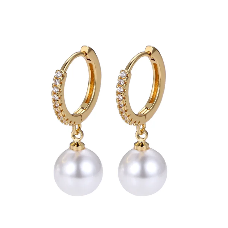 

2021 New Arrival Luxury 18K/Silver Gold Cubic Zirconia CZ Huggies Earrings Hoop with 9mm Shell Pearl Jewelry for Women Gifts