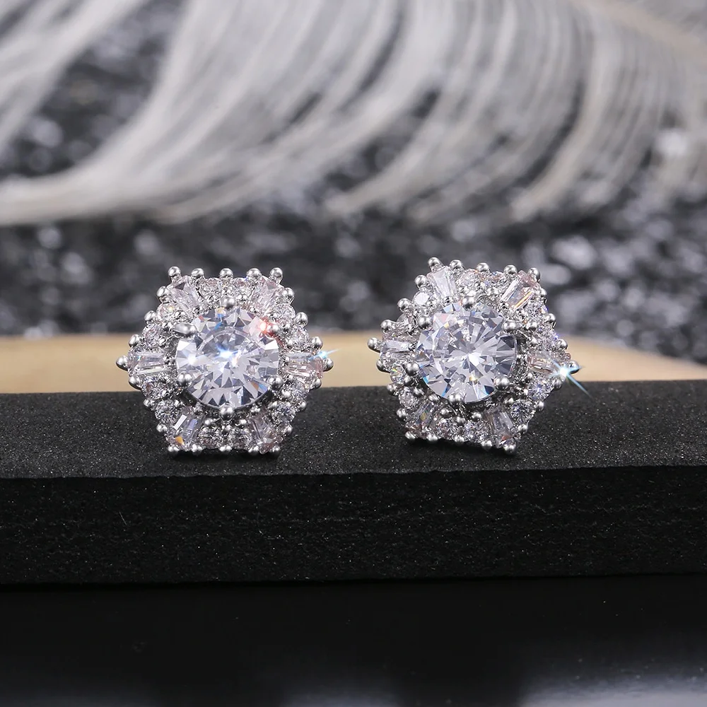 

Luxury Female Crystal White Zircon Stud Earrings Simple Silver Color Hexagon Earrings for Women Vintage Double Earrings, Picture shows