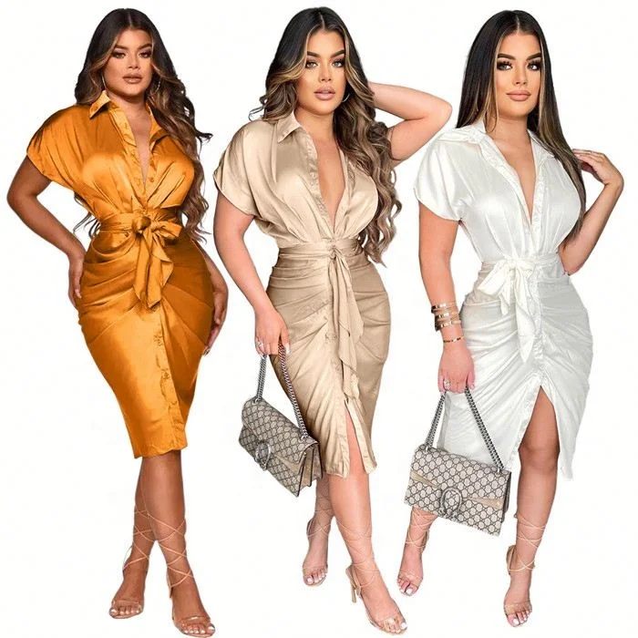 

A6393-Woman Clothes 2021 Trending Sexy Solid Color Satin Bandage Ruffle Shirt Midi Dresses, Photo shown
