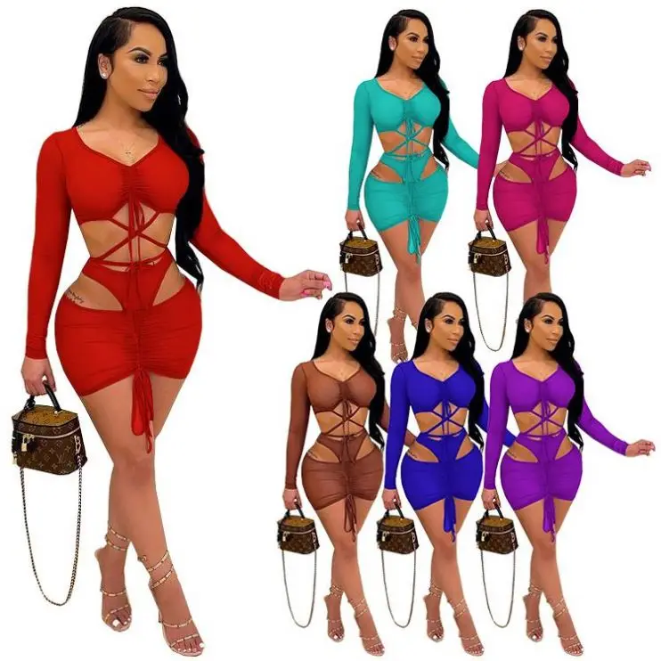 

2021 Trendy Womens Dresses 3 Piece Skirt Set Ladies Long Sleeve Crop Top Bandage Dress Sexy Club Wear Party Dresses