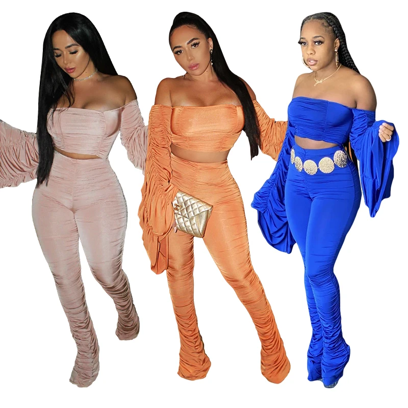 

New Plus Size Women's Pleated Flared Pants Set Off Shoulder Two-Piece High Elastic Suit, Pink, orange, blue