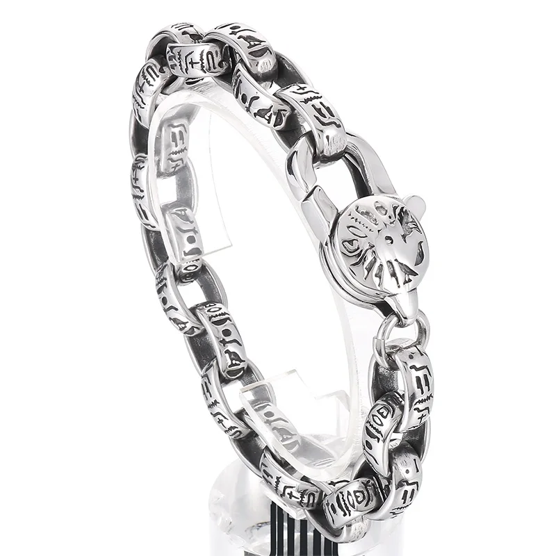 KALEN 230mm Men Punk Ancient Words Stainless Steel Oval Links Bracelet With Lobster Clasp