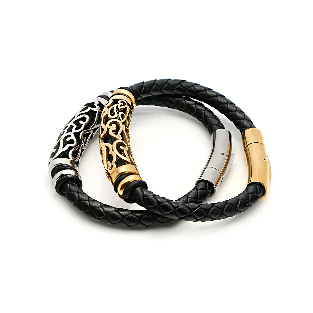 

Hot Selling Hollow pattern Genuine Leather bangle Stainless Steel Clasp Bracelet Braided Snap Men's Leather Cord Bracelet, Silver/gold/rose gold/black
