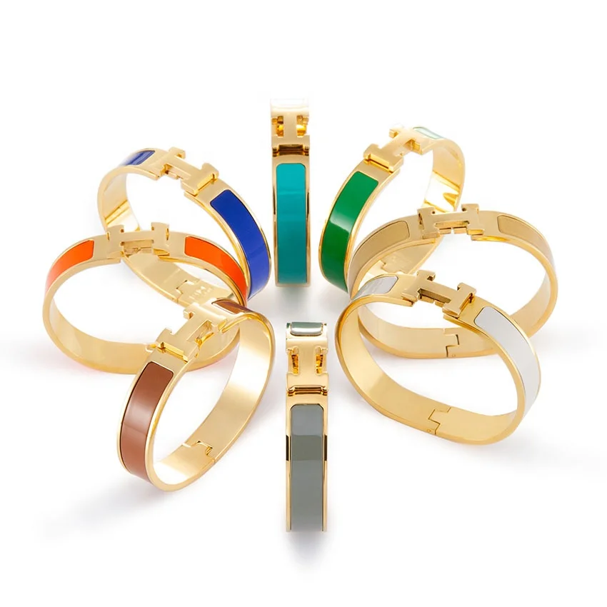 

Popular Fashion Jewelry Gold Plated For Women 316L Stainless Steel Bracelet Titanium steel H Enamel Colorful Bangles Width 1CM